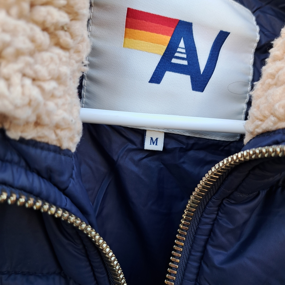 Aviator Nation Navy Puffer Jacket with Rainbow Logo and Sherpa Collar - Picture 4 of 5